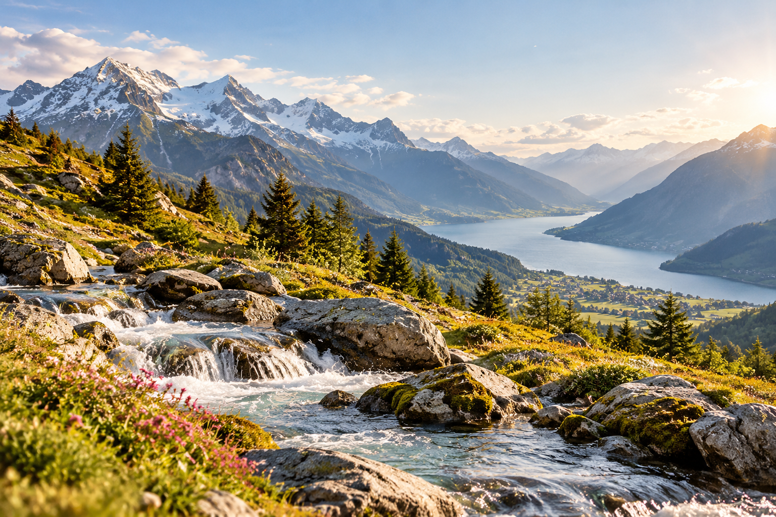 Alpenbach, der durch eine Berglandschaft in Richtung eines Sees fliesst